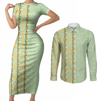 Hawaii Shell Tiare Anthurium Heliconia Lei Couples Matching Short Sleeve Bodycon Dress and Long Sleeve Button Shirt With Tapa Pattern Baby Green LT05 Green - Polynesian Pride