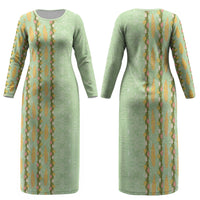 Hawaii Shell Tiare Anthurium Heliconia Lei Family Matching Long Sleeve Bodycon Dress and Hawaiian Shirt With Tapa Pattern Baby Green LT05 Mom's Dress Green - Polynesian Pride