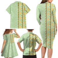Hawaii Shell Tiare Anthurium Heliconia Lei Family Matching Long Sleeve Bodycon Dress and Hawaiian Shirt With Tapa Pattern Baby Green