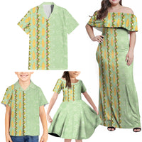 Hawaii Shell Tiare Anthurium Heliconia Lei Family Matching Off Shoulder Maxi Dress and Hawaiian Shirt With Tapa Pattern Baby Green LT05 - Polynesian Pride