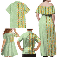 Hawaii Shell Tiare Anthurium Heliconia Lei Family Matching Off Shoulder Maxi Dress and Hawaiian Shirt With Tapa Pattern Baby Green LT05 Mom's Dress Green - Polynesian Pride