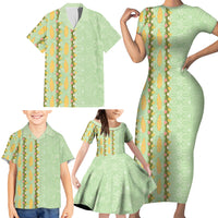 Hawaii Shell Tiare Anthurium Heliconia Lei Family Matching Short Sleeve Bodycon Dress and Hawaiian Shirt With Tapa Pattern Baby Green