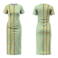 Hawaii Shell Tiare Anthurium Heliconia Lei Family Matching Short Sleeve Bodycon Dress and Hawaiian Shirt With Tapa Pattern Baby Green LT05 Mom's Dress Green - Polynesian Pride