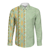 Hawaii Shell Tiare Anthurium Heliconia Lei Long Sleeve Button Shirt With Tapa Pattern Baby Green LT05 Unisex Green - Polynesian Pride