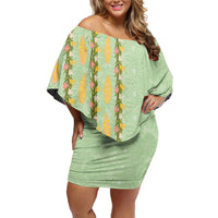Hawaii Shell Tiare Anthurium Heliconia Lei Off Shoulder Short Dress With Tapa Pattern Baby Green