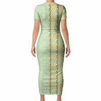 Hawaii Shell Tiare Anthurium Heliconia Lei Short Sleeve Bodycon Dress With Tapa Pattern Baby Green LT05 - Polynesian Pride