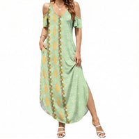 Hawaii Shell Tiare Anthurium Heliconia Lei Summer Maxi Dress With Tapa Pattern Baby Green LT05 Women Green - Polynesian Pride