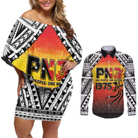 Papua New Guinea Independence Day Couples Matching Off Shoulder Short Dress and Long Sleeve Button Shirt One People One Nation One PNG LT05 Yellow - Polynesian Pride