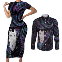 New Zealand Aotearoa Couples Matching Short Sleeve Bodycon Dress and Long Sleeve Button Shirt Maori Tane Te Waiora Paua Shell Glitter Purple