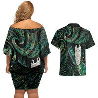 New Zealand Aotearoa Couples Matching Off Shoulder Short Dress and Hawaiian Shirt Maori Tane Te Waiora Paua Shell Glitter Green