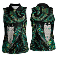 New Zealand Aotearoa Women Sleeveless Polo Shirt Maori Tane Te Waiora Paua Shell Glitter Green