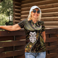 New Zealand Aotearoa Women Polo Shirt Maori Wheku Paua Shell Glitter Gold