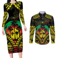 Aloha Tropical Palm Trees Couples Matching Long Sleeve Bodycon Dress and Long Sleeve Button Shirt Reggae Polynesian Pattern LT05 Black - Polynesian Pride