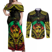 Aloha Tropical Palm Trees Couples Matching Off Shoulder Maxi Dress and Long Sleeve Button Shirt Reggae Polynesian Pattern LT05 Black - Polynesian Pride