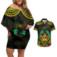 Aloha Tropical Palm Trees Couples Matching Off Shoulder Short Dress and Hawaiian Shirt Reggae Polynesian Pattern LT05 Black - Polynesian Pride