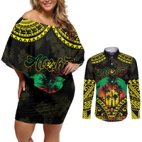 Aloha Tropical Palm Trees Couples Matching Off Shoulder Short Dress and Long Sleeve Button Shirt Reggae Polynesian Pattern LT05 Black - Polynesian Pride
