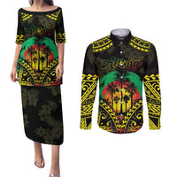 Aloha Tropical Palm Trees Couples Matching Puletasi and Long Sleeve Button Shirt Reggae Polynesian Pattern LT05 Black - Polynesian Pride