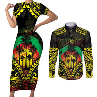 Aloha Tropical Palm Trees Couples Matching Short Sleeve Bodycon Dress and Long Sleeve Button Shirt Reggae Polynesian Pattern LT05 Black - Polynesian Pride