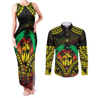 Aloha Tropical Palm Trees Couples Matching Tank Maxi Dress and Long Sleeve Button Shirt Reggae Polynesian Pattern LT05 Black - Polynesian Pride