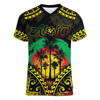 Aloha Tropical Palm Trees Women V-Neck T-Shirt Reggae Polynesian Pattern