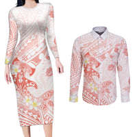 Polynesia Hammerhead Shark Couples Matching Long Sleeve Bodycon Dress and Long Sleeve Button Shirt Tropical Flowers Tribal Pattern Peach LT05 Peach - Polynesian Pride