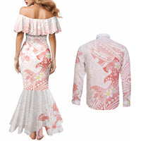 Polynesia Hammerhead Shark Couples Matching Mermaid Dress and Long Sleeve Button Shirt Tropical Flowers Tribal Pattern Peach LT05 - Polynesian Pride