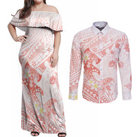 Polynesia Hammerhead Shark Couples Matching Off Shoulder Maxi Dress and Long Sleeve Button Shirt Tropical Flowers Tribal Pattern Peach LT05 Peach - Polynesian Pride