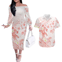 Polynesia Hammerhead Shark Couples Matching Off The Shoulder Long Sleeve Dress and Hawaiian Shirt Tropical Flowers Tribal Pattern Peach LT05 Peach - Polynesian Pride