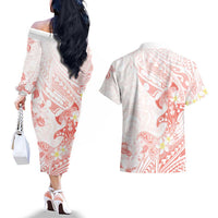 Polynesia Hammerhead Shark Couples Matching Off The Shoulder Long Sleeve Dress and Hawaiian Shirt Tropical Flowers Tribal Pattern Peach LT05 - Polynesian Pride