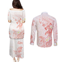 Polynesia Hammerhead Shark Couples Matching Puletasi and Long Sleeve Button Shirt Tropical Flowers Tribal Pattern Peach LT05 - Polynesian Pride