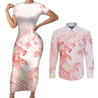 Polynesia Hammerhead Shark Couples Matching Short Sleeve Bodycon Dress and Long Sleeve Button Shirt Tropical Flowers Tribal Pattern Peach LT05 Peach - Polynesian Pride