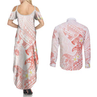 Polynesia Hammerhead Shark Couples Matching Summer Maxi Dress and Long Sleeve Button Shirt Tropical Flowers Tribal Pattern Peach LT05 - Polynesian Pride