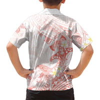 Polynesia Hammerhead Shark Family Matching Long Sleeve Bodycon Dress and Hawaiian Shirt Tropical Flowers Tribal Pattern Peach