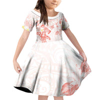 Polynesia Hammerhead Shark Family Matching Off Shoulder Short Dress and Hawaiian Shirt Tropical Flowers Tribal Pattern Peach LT05 Daughter's Dress Peach - Polynesian Pride