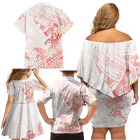 Polynesia Hammerhead Shark Family Matching Off Shoulder Short Dress and Hawaiian Shirt Tropical Flowers Tribal Pattern Peach LT05 - Polynesian Pride