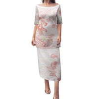 Polynesia Hammerhead Shark Puletasi Tropical Flowers Tribal Pattern Peach LT05 Long Dress Peach - Polynesian Pride