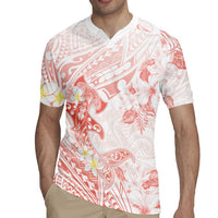 Polynesia Hammerhead Shark Rugby Jersey Tropical Flowers Tribal Pattern Peach