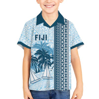 Custom Fiji Regatta Family Matching Off The Shoulder Long Sleeve Dress and Hawaiian Shirt Palm Tree Tapa Pattern - Polynesian Pride