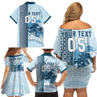 Custom Fiji Regatta Family Matching Off Shoulder Short Dress and Hawaiian Shirt Palm Tree Tapa Pattern - Polynesian Pride