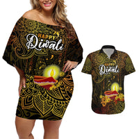 Happy Diwali Festival Couples Matching Off Shoulder Short Dress and Hawaiian Shirt Diya Lamp Hibiscus Polynesian Pattern LT05 Yellow - Polynesian Pride