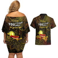 Happy Diwali Festival Couples Matching Off Shoulder Short Dress and Hawaiian Shirt Diya Lamp Hibiscus Polynesian Pattern LT05 - Polynesian Pride
