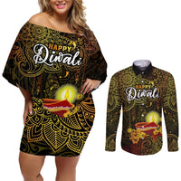 Happy Diwali Festival Couples Matching Off Shoulder Short Dress and Long Sleeve Button Shirts Diya Lamp Hibiscus Polynesian Pattern LT05 Yellow - Polynesian Pride