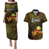 Happy Diwali Festival Couples Matching Puletasi Dress and Hawaiian Shirt Diya Lamp Hibiscus Polynesian Pattern LT05 Yellow - Polynesian Pride