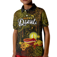 Happy Diwali Festival Kid Polo Shirt Diya Lamp Hibiscus Polynesian Pattern LT05 Kid Yellow - Polynesian Pride