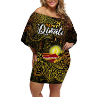 Happy Diwali Festival Off Shoulder Short Dress Diya Lamp Hibiscus Polynesian Pattern LT05 Women Yellow - Polynesian Pride