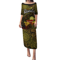Happy Diwali Festival Puletasi Diya Lamp Hibiscus Polynesian Pattern LT05 Long Dress Yellow - Polynesian Pride