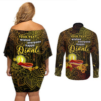 Personalized Happy Diwali Festival Couples Matching Off Shoulder Short Dress and Long Sleeve Button Shirts Diya Lamp Hibiscus Polynesian Pattern LT05 - Polynesian Pride