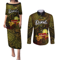 Personalized Happy Diwali Festival Couples Matching Puletasi Dress and Long Sleeve Button Shirts Diya Lamp Hibiscus Polynesian Pattern LT05 Yellow - Polynesian Pride