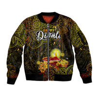 Personalized Happy Diwali Festival Sleeve Zip Bomber Jacket Diya Lamp Hibiscus Polynesian Pattern LT05 Unisex Yellow - Polynesian Pride