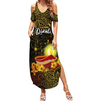 Personalized Happy Diwali Festival Summer Maxi Dress Diya Lamp Hibiscus Polynesian Pattern LT05 Women Yellow - Polynesian Pride